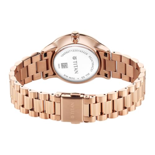 Titan Purple Prestige Quartz 3 Hands + Date Round White Dial, Rose Gold Stainless Steel Strap Watch for Women - 95247WM02