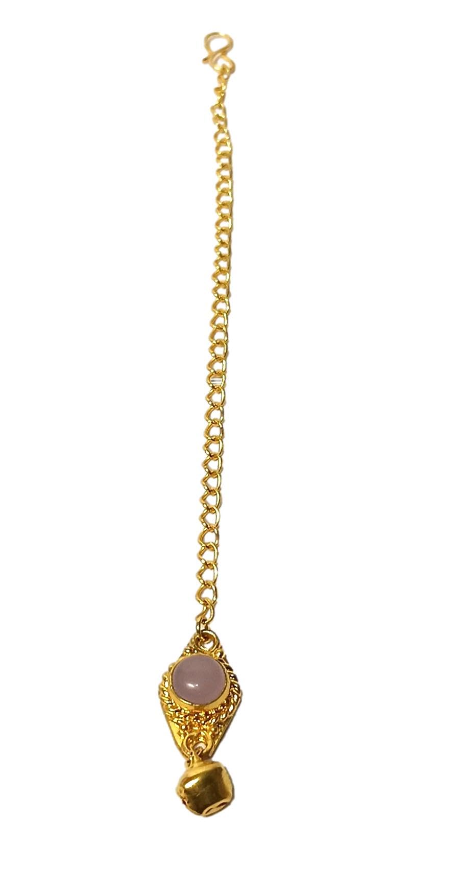 ATHZ Oxidized Silver Maang Tikka Tika Jewellery Small Size for young Ladies and Women (Gold, Light pink)