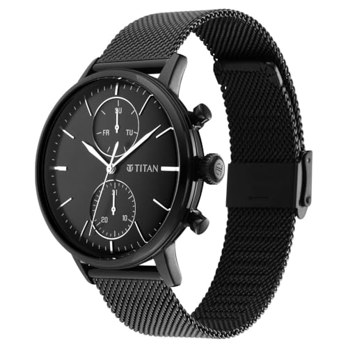 Titan Light Leathers Quartz Multifunction Black Dial Black Stainless Steel Strap Watch for Men - NR90135NM01