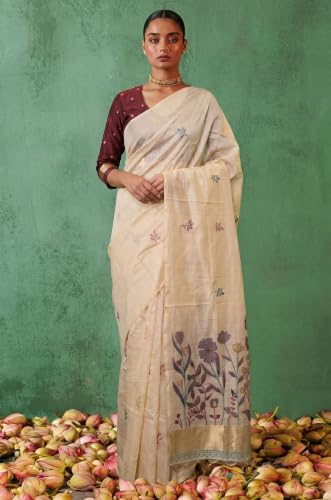 Label Aarna Women's Maroon Cotton Saree with Unstitched Blouse Piece | Woven | Floral Design | Ethnic Fashion Wear
