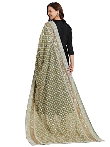 DUPATTA BAZAAR Women's Olive Green Georgette Lucknowi Work dupatta with Gotta Patti Work