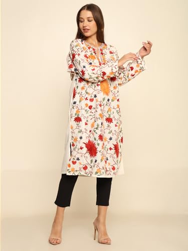 CRAFTBAZAR Kashmiri Full Embroidered Woolen Phiren (Cream)