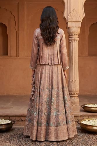 Aurelia Women's Rose Gold Embroidered Floral Zari Tissue A-line Crop Top with Skirt and Jacket Set - (AD10773-E609500-M)