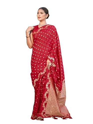 MANOHARI Women's Most Trendy Banarasi Satin Silk Woven Red Saree With Heavy Jacquard Work Saree With Blouse Piece_MN2063