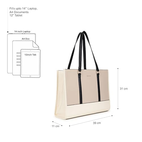 Fastrack Stitchline White Laptop Tote | Faux Leather Work Tote with Black Stitch Accents | 14 Inch Laptop Tote with Three Compartments & Center Zip Pocket | Dual Handles & Organizer Pockets