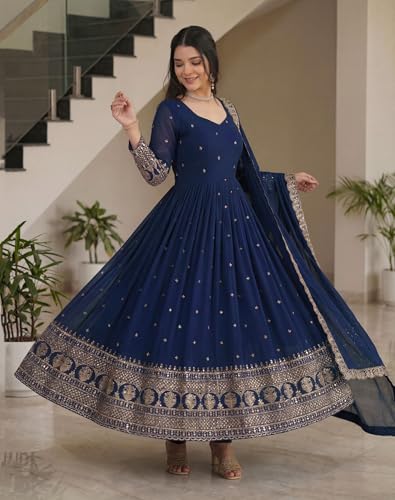 Leeli Peeri Designer Women's Vichitra Silk Sequence Work Anarkali Kurta with Trouser and Dupatta