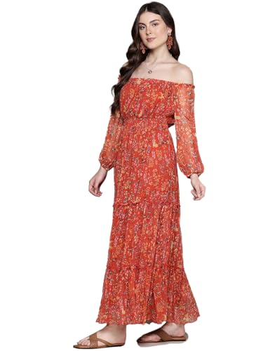 Label RITU KUMAR Off Shoulder Printed Long Dress Orange