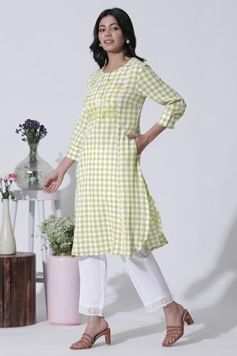 W for Woman White & Green Checker Cotton Kurta, Pants with Dupatta Set_24ONWS11009-313972_S