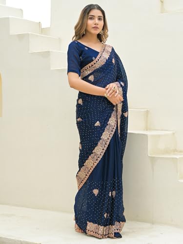 Satrani Women's Shimmer Chiffon Dual Tone Embroidery Scalloped Border Stone Work Saree with Unstitched Blouse Piece (4748S132N_Peacock Blue)