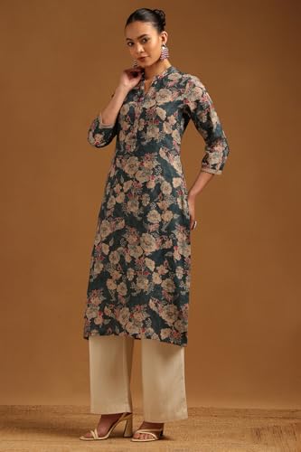 Soch Womens Grey Linen Floral Kurta