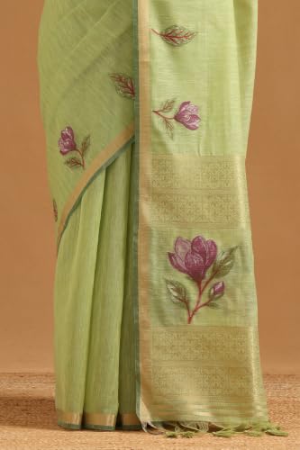 Soch Womens Light Green Organza Woven Design Saree
