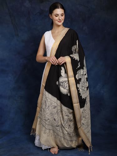 Exotic India Pirate-Black Kalamkari Dupatta with Pen Art Hand-Painted Kathakali Dancing Ladies - Cotton, Black, One Size