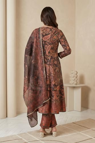 W for Woman Coffee Brown Paisley Printed Thread Embroidered Velvet A-line Winter Kurta with Straight Pants and Dupatta Set - (WS13326-127262-L)
