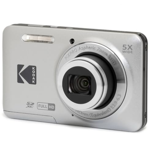 Kodak PIXPRO FZ55 Digital Camera (Silver) | 16MP Sensor, 5X Optical Zoom, 28mm Wide-Angle Lens & Full HD Video | Great for Travel & Beginner Photography (FZ55SR) + 64GB Card + Case + Cleaning Cloth