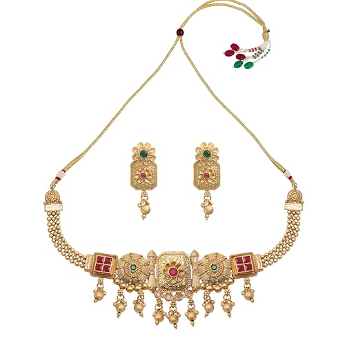 Khannak Traditional Rajwadi Gold-Toned Choker Necklace and Earrings Set with Red and Green Stones for Women for Wedding,Festivals and Occassions