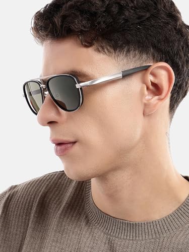 Carlton London Unisex Premium Silver & Black Toned Green UV with Polarised Lens Aviator Sunglass