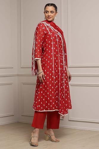 Biba Women Red Chanderi Embroidered Kalidar Suit Set_34