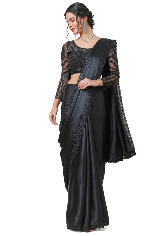 Soch Womens Organza Plain Black Saree with Lace Border