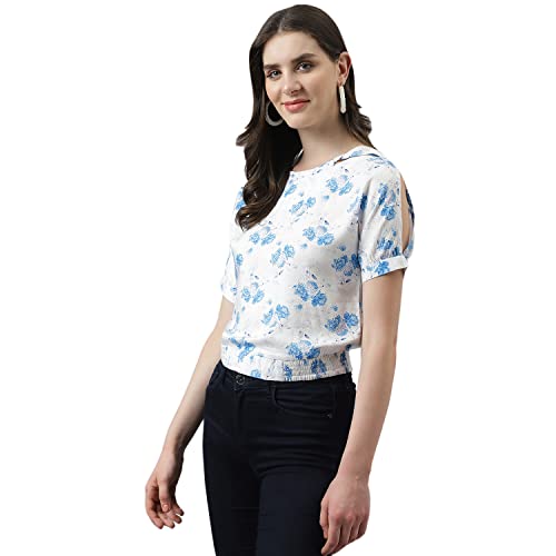 Latin Quarters Women White Floral Print Top with Short Sleeves