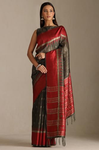 Soch Womens Olive Tussar Woven Design Saree With Zari