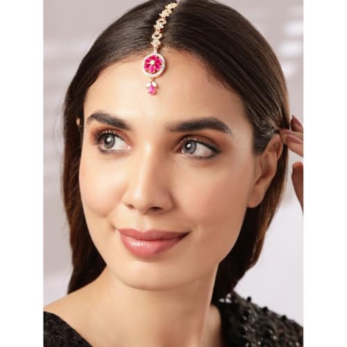 Rubans 18K Rose Gold Plated Pink & White Zircon Studded Handcrafted Maang Tikka for Women & Girls Oval Shaped Centerpiece, Perfect for Any Occasion