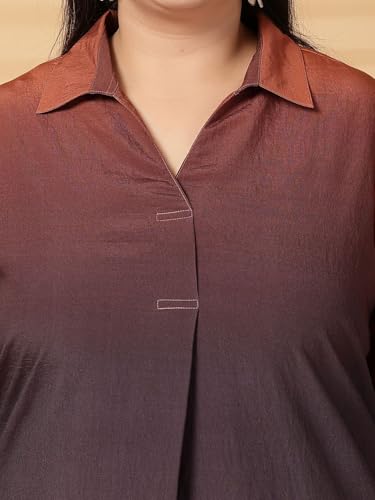 Women Plus Size Ombre Pleated Shirt Collar Regular Top (FSTP23491-BROWNOMBRE-6XL)