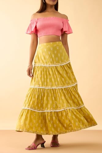 Taneira Women Dark Yellow Pure Cotton Rajasthan Screen Printed Lehenga (LEAM31DYL-Dark Yellow-L)