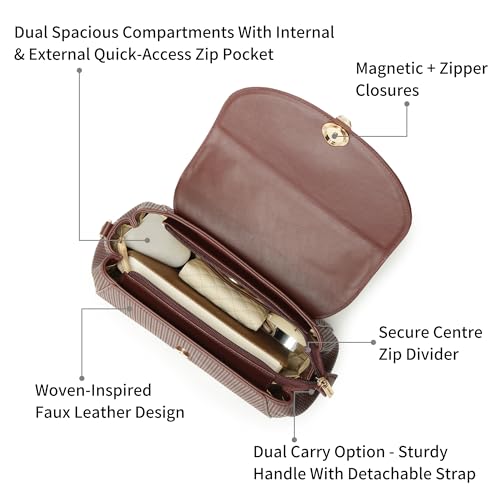Fastrack Twine Charm Satchel | Faux-Leather Women’s Satchel | Dual Compartments with Centre Zip Pocket, External Quick-Access Zipper, Gold-Accent Flap & Adjustable Strap