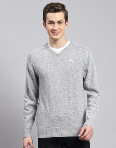 Monte Carlo Lt Grey Mix Solid V Neck Sweater | Warm Woolen Pullover for Men | Soft Comfortable Knitted Winter Wear Sweater for Men's