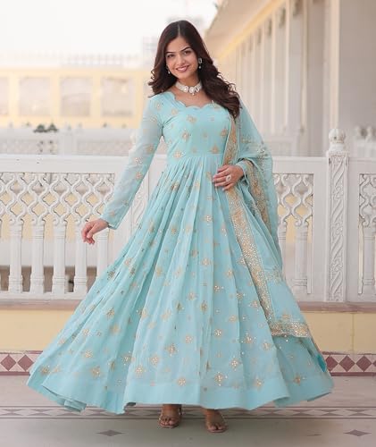 Fashion Basket Havy Georgette Embroidered Anarkali Dress for Women Sky Blue