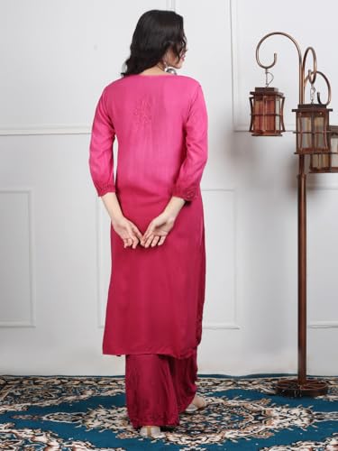 Fashion Chikan Art Women's Lucknowi Chikankari Hand-Embroidered Rayon Dyed Kurta, Palazzo & Dupatta 3-Piece Set | Festive, Ethnic & Causal Suit(XL, Pink)