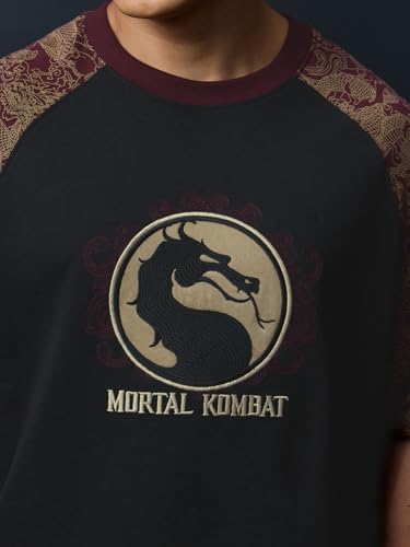 The Souled Store Mortal Kombat: Finish Him Men and Boys Short Sleeves Round Neck Black Embroidered Casual Lightweight Drop Shoulder Streetwear Trendy Cotton Oversized T-Shirt