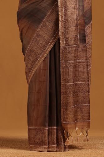 Soch Womens Earth Tussar Ethnic Motifs Saree With Kantha Embroidery
