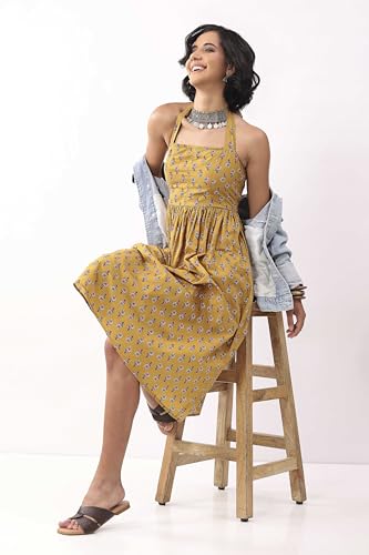 Biba Nxt Women Yellow Cotton Printed Straight Dress_32