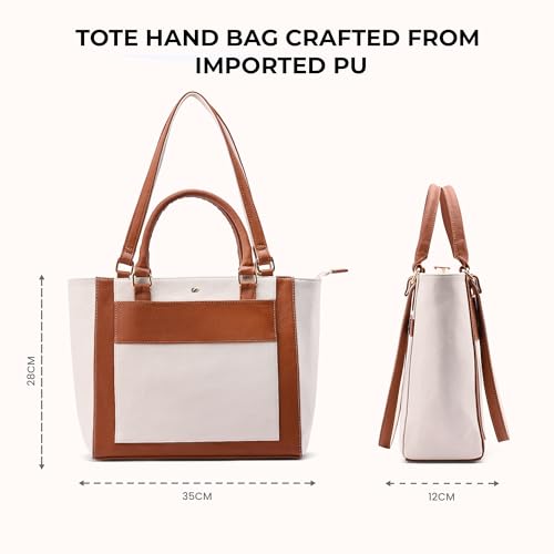 Symbol Premium Women's Tote Hand Bag crafted from Imported PU | Stylish | Office Use - 14" Laptop (SP-SS25-CARL-BAG-03_Cream + Tan_Free Size)