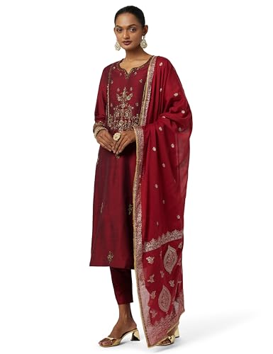 BIBA WOMEN SOLID; EMBROIDRED NARROW SALWAR KURTA DUPATTA(SKD7185_MAROON_42)
