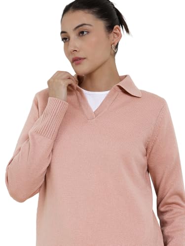 FableStreet Women Sweater Casual | V-Neck Polo Collar Design with Long Sleeves & Ribbed Hem | Solid Pattern Acrylic Knit Fabric for Comfort & Layering Pink