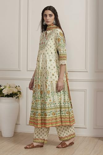 Biba Women Cream-Toned Cotton Printed Kalidar Suit Set_34