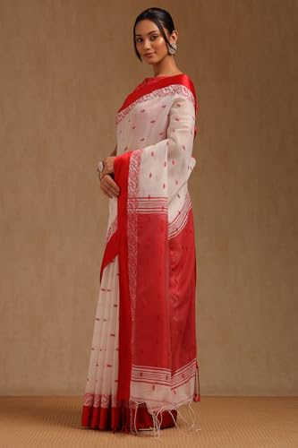 Soch Womens White Cotton Woven Design Saree
