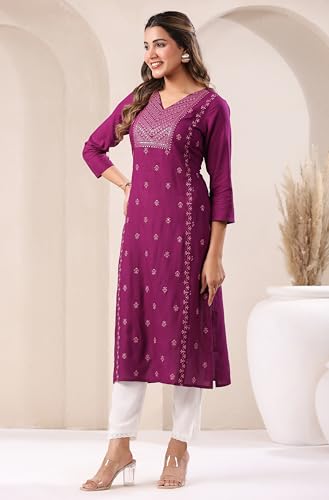 Janasya Women's Purple Rayon Embroidered Straight Kurta (JAA25KR01984-M)
