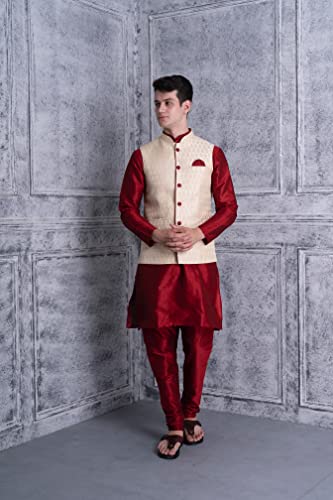 Ethluxis Men's Silk Blend Maroon Kurta Churidar Pyjama with Stylish Bundi Nehru Jacket Waistcoat (36, Maroon/Golden)