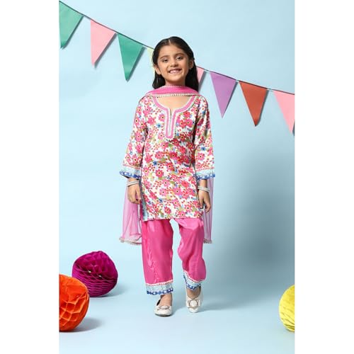 BIBA Printed Viscose Straight Fit Girls Kurta Salwar Dupatta Set (PINK, 4-5Y)
