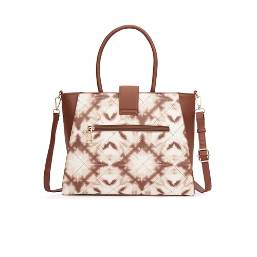 Caprese Shibori Large Satchel Bag for Women | Printed Faux Leather Shoulder Bag with Adjustable & Detachable Strap and Multi-Compartments | Zipper Closure | Everyday Office,Travel & Casual Use (Brown)