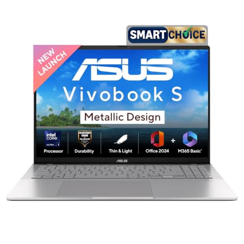 ASUS Vivobook S16, Smartchoice,Intel Core Ultra 7 255H,16GB RAM,512GB SSD,FHD+ 16",Windows 11, Office 2024, Cool Silver, 1.7Kg, S3607CA-RP090WS, Intel Arc iGPU, M365 Basic (1Y), Metallic Design Laptop