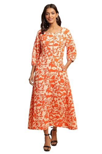 W for Women Abstract Print Rayon A-Line Dress_24FEW10723-810645_M Orange