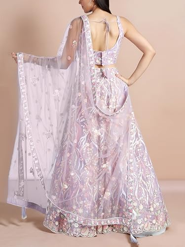 Zeel Clothing Women's Sequins Embroidered Work Soft Net Designer Lehenga Choli With Dupatta (6033-Lavender-Wedding-Lehenga-Choli; Free Size)