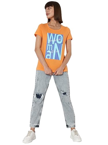 VERO MODA Women Printed Cotton Regular Fit Orange T-Shirt