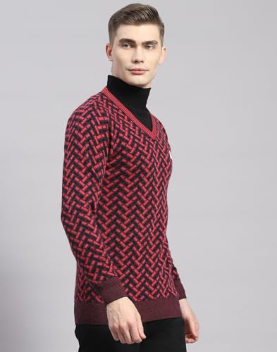 Monte Carlo Mens Pink Self Design V Neck Full Sleeve Wool Blend Casual Sweater (1239277VN-1-40)