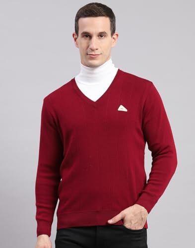 Monte Carlo Maroon Solid V Neck Sweater | Warm Woolen Pullover for Men | Soft Comfortable Knitted Winter Wear Sweater for Men's