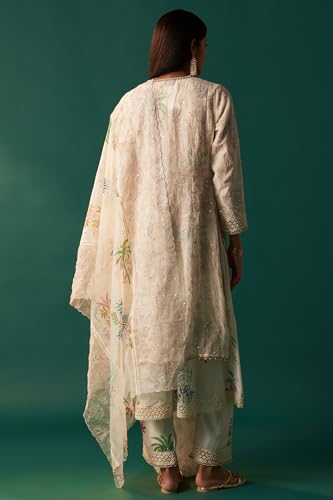Wishful Women's White Floral Printed and Embroidered Layered Cotton Blend Kurta with Pant and Dupatta Set (SP12869-401079-2XL)